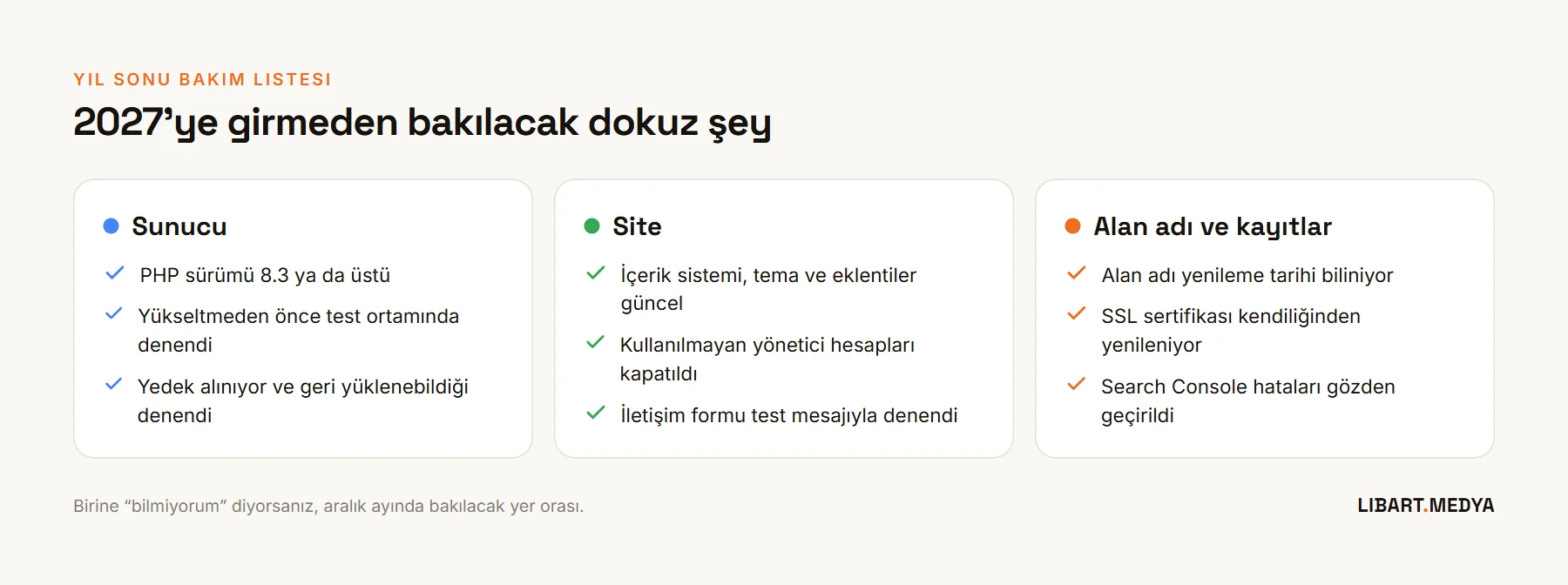 Yıl sonu bakım listesi: sunucu, site ve alan adı başlıkları altında dokuz madde