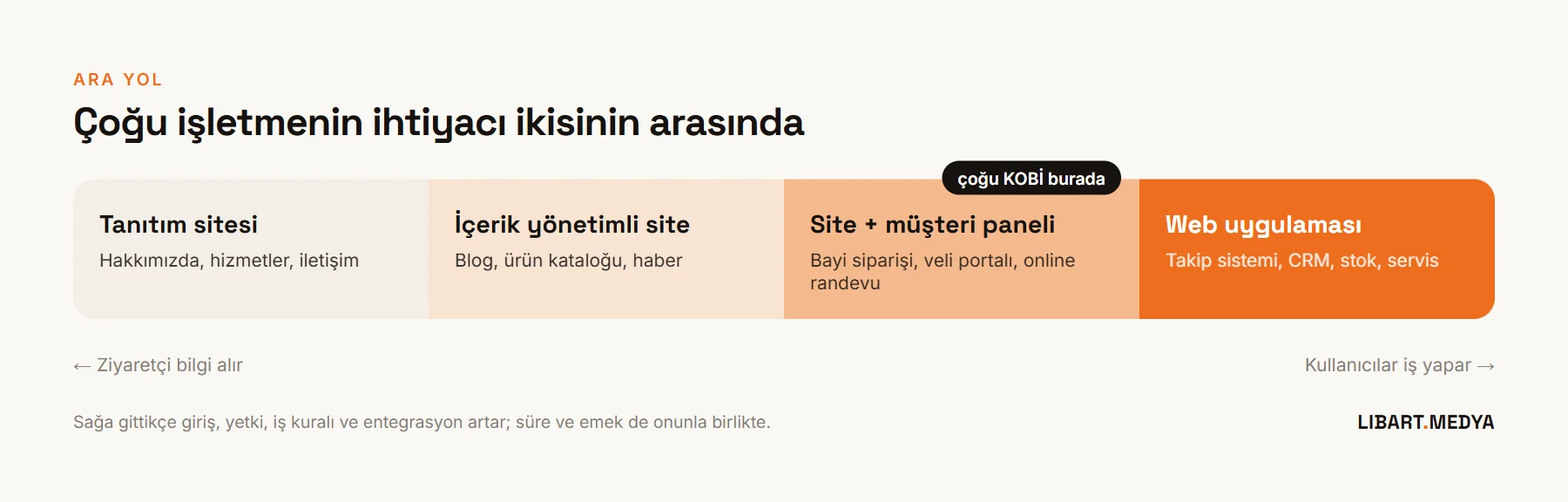Tanıtım sitesinden web uygulamasına uzanan yelpaze: tanıtım sitesi, içerik yönetimli site, site artı müşteri paneli, web uygulaması